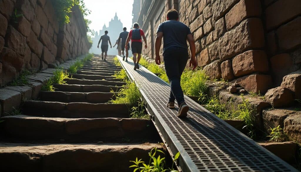 Temples de Birmanie : escalier usé et sécurité des visiteurs