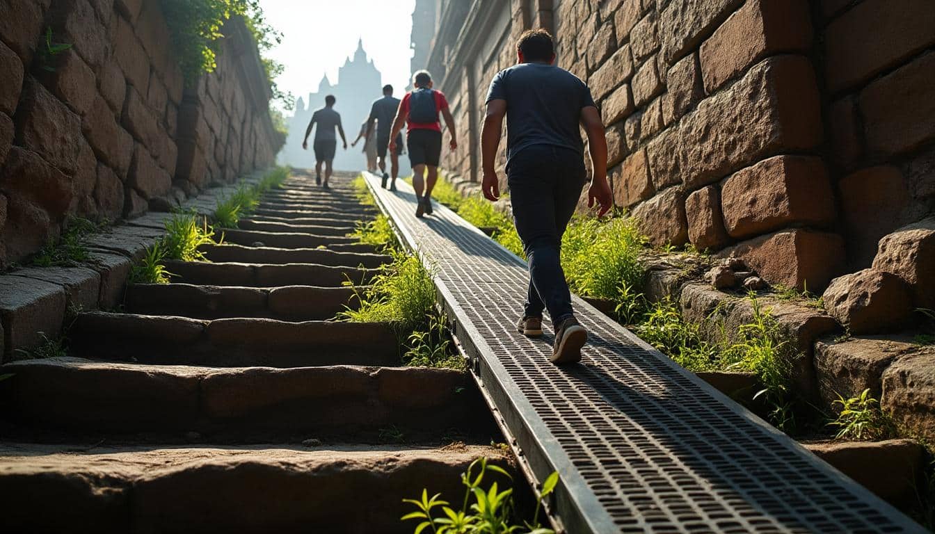 Temples de Birmanie : escalier usé et sécurité des visiteurs